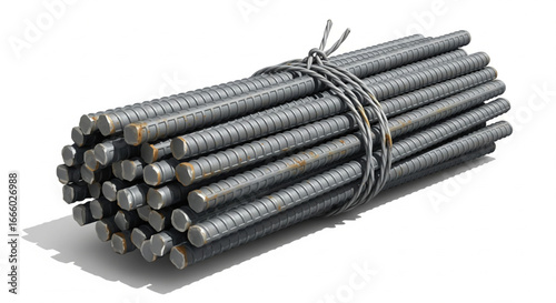 Bundle of steel rebar tightly bound with wire, ready for construction.