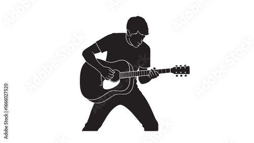 Silhouette of a person playing an acoustic guitar, captured in a dynamic pose with focus on the musical performance.