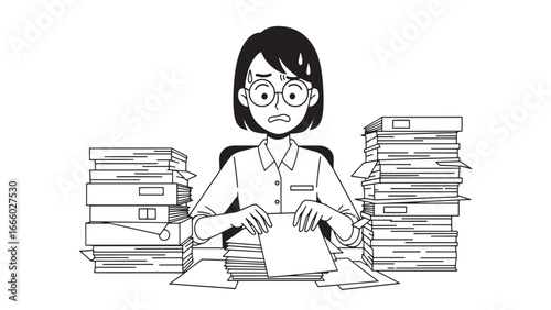 A stressed woman sits at a desk overwhelmed by stacks of paperwork and documents, looking anxious.