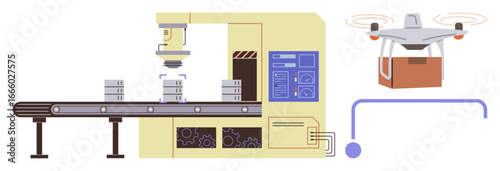 Robot arm inspecting products on conveyor belt, drone carrying package for delivery. Ideal for automation, logistics, manufacturing, technology, efficiency, innovation, simple flat metaphor