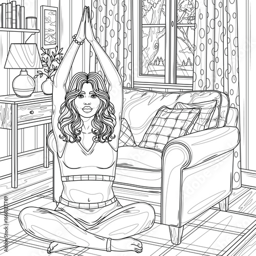 The girl does yoga at home.Coloring book antistress for children and adults.