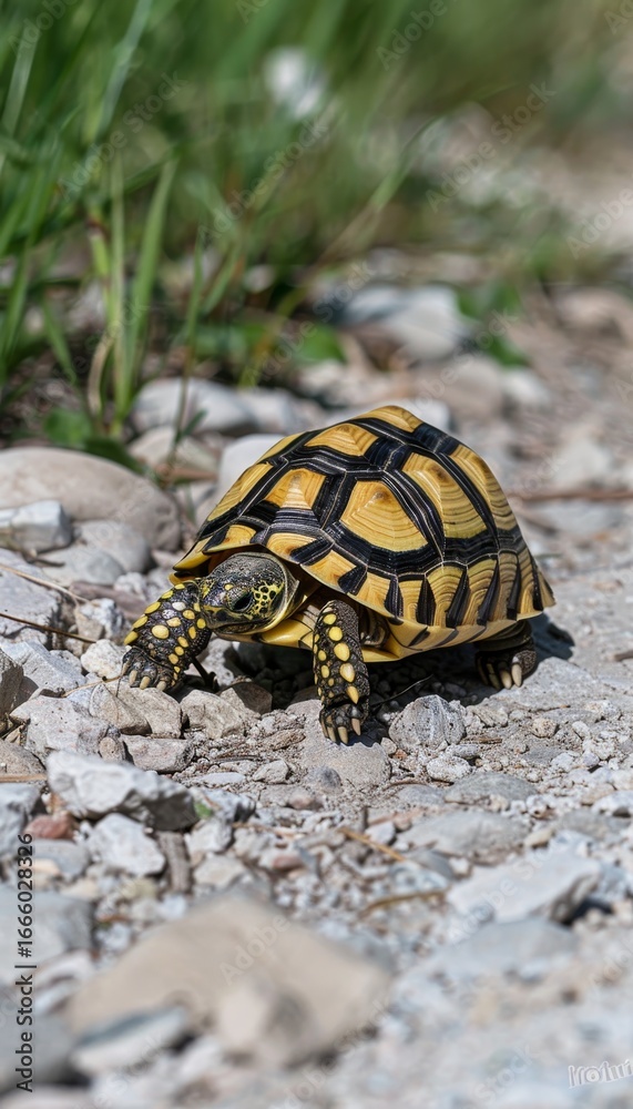 Obraz premium Tortoise slowly crawling across a rugged rocky path in a natural outdoor environment