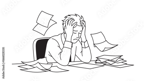 A stressed businessman sits at a cluttered desk, overwhelmed by flying papers and a large pile of documents, clutching his head in despair.