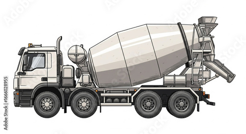 A large cement mixer truck, depicted in a side profile illustration, ready for construction work.