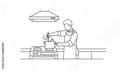 A person in an apron stirring a pot on a stovetop with steam rising, preparing food in a kitchen setting under a range hood.