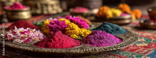 Close-up of traditional offering plate with marigolds, rice, tika powder, and jamara, warm autumn sunlight, blurred festive home altar, focus on textures and colors, Dashain festival