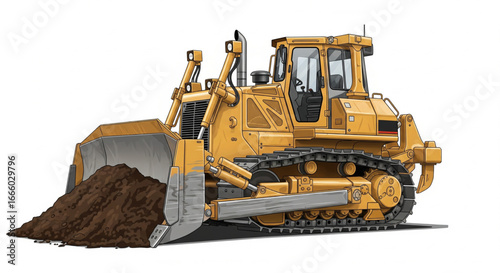 Yellow bulldozer pushing a pile of dirt, isolated on a white background.