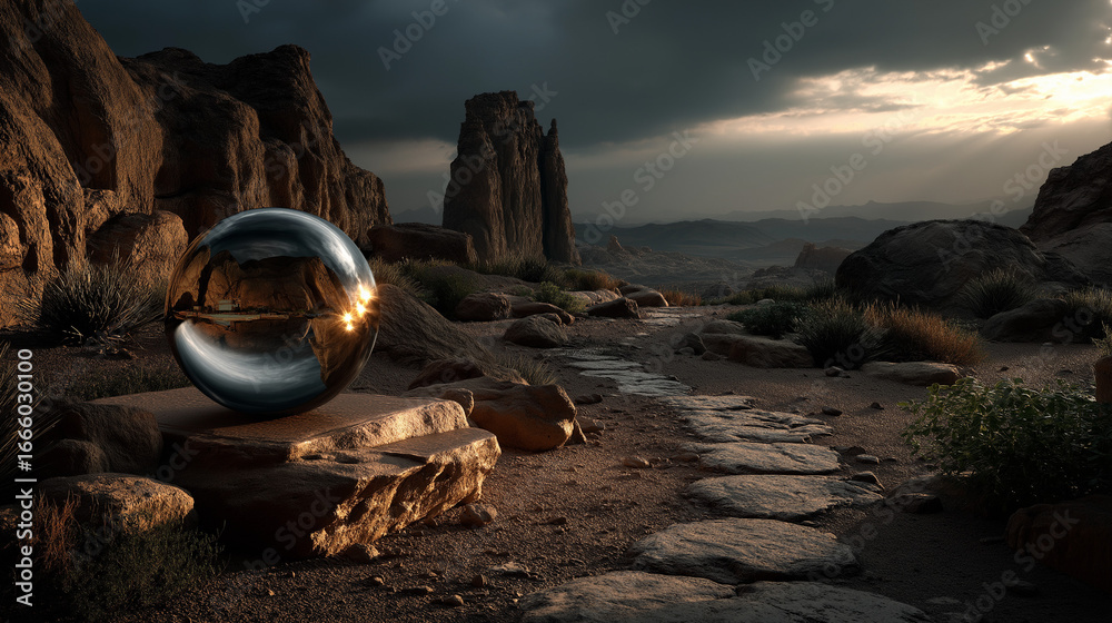 Fototapeta premium A large, reflective sphere on a stone pedestal in a rugged desert landscape with a path