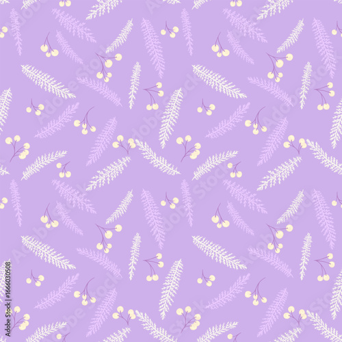 Seamless vector pattern with delicate fir branches and small yellow berries on a soft lavender background. Elegant botanical design for textiles, packaging, and decor