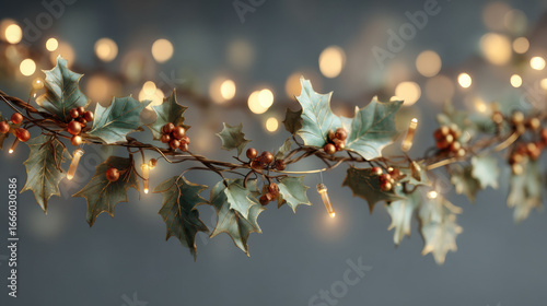 Festive garland with holly leaves and berries adorned with warm fairy lights, creating cozy holiday atmosphere