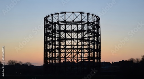 Silhouette of a Gas Holder at Sunset.