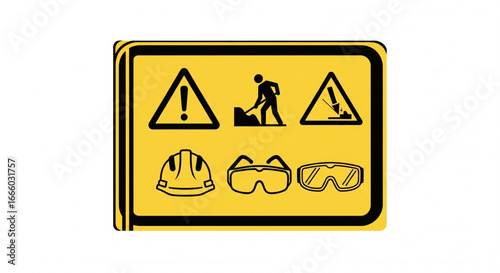 Safety regulations sign depicting construction work hazards and required protective gear.