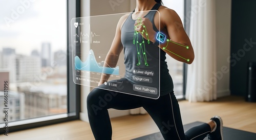 Woman performing a lunge exercise while wearing a smart fitness tracker displaying data.
