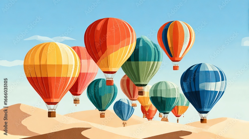 Fototapeta premium Flat illustration of colorful hot air balloons over desert dunes, clear sky, bright pastel colors, minimal shadows, ample blank space, Albuquerque International Balloon Fiesta