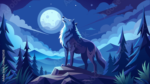 Wolf, moon, clair de lune, hurlement, nuit, symbole, peur, sauvage, dangereux—poetic essence captured in nocturnal rhythm, primal howl echoing eternity, wild mystery merging with moonlit silence.