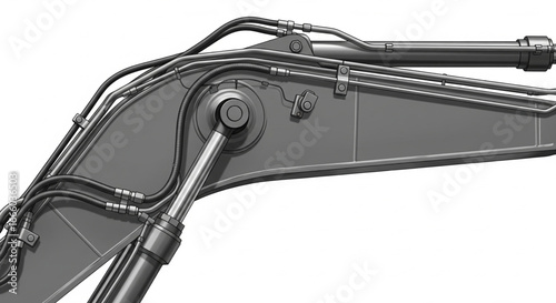 Close-up view of an excavator's hydraulic arm, showcasing intricate piping and mechanical components.