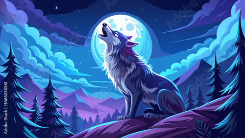 Wolf, moon, clair de lune, hurlement, nuit, symbole, peur, sauvage, dangereux—poetic essence captured in nocturnal rhythm, primal howl echoing eternity, wild mystery merging with moonlit silence.