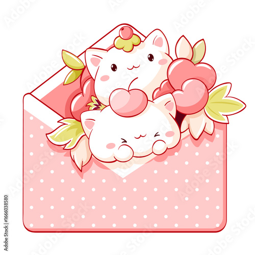 Summer card in kawaii style with cute cat in envelope. Two little kitten in open letter. Can be used for t-shirt print, sticker, greeting card. Vector illustration EPS8