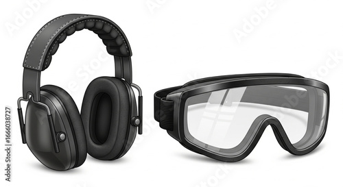 Illustration of black earmuffs and safety goggles, protective gear.