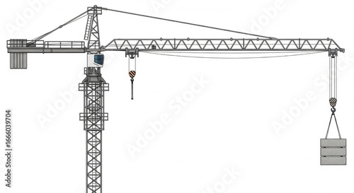 Illustration of a construction crane lifting a concrete block against a white background.