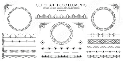 Set of Art Deco Style Geometric Design Elements Including Round and Rectangular Frames, Corners, Dividers, and Pattern Brushes with Corner Accents in Black on White