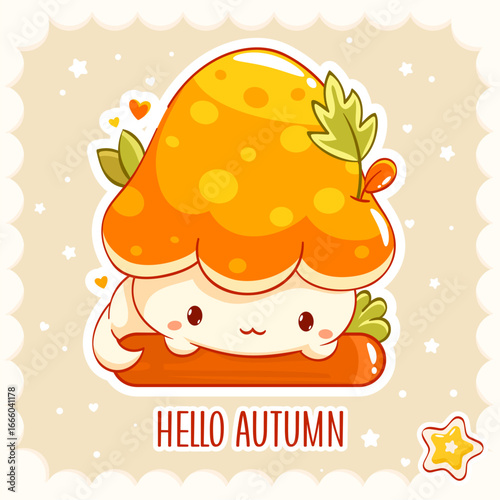 Hello autumn. Season fall card with little kitty in kawaii style. Tiny baby cat in pumpkin. Can be used for t-shirt print, sticker, greeting card. Vector illustration EPS8