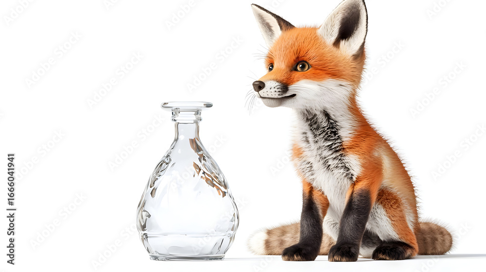 Obraz premium Curious Baby Fox Observing Clear Glass Bottle