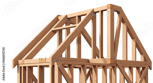 Wooden frame construction showing roof structure with rafters and vertical supports against a white background.