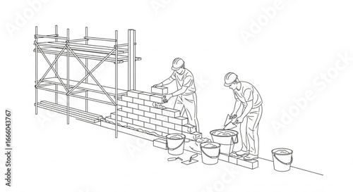 Two construction workers building a brick wall with scaffolding, buckets, and tools.