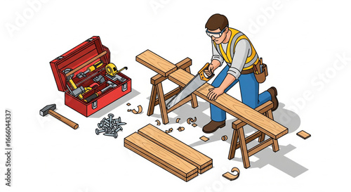 A carpenter using a saw to cut wood, surrounded by tools and materials.