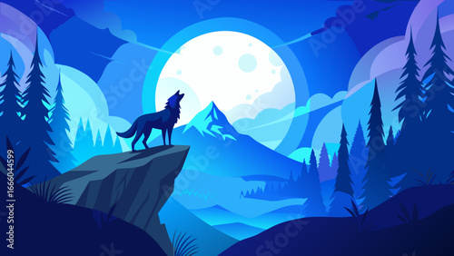 Wolf howls at full moon, blue nature landscape glows, vector illustration breathes serenity, silhouette rising strong, wilderness whispers eternity, primal energy radiates power beneath glowing horizo