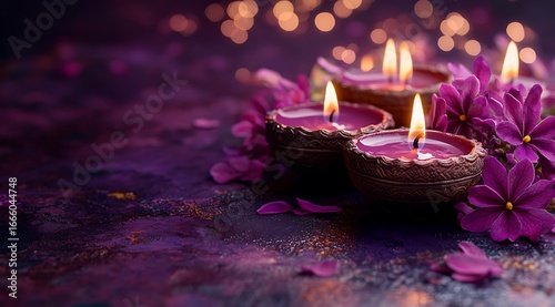 Lit purple diyas surrounded by purple flowers and petals on a dark surface lamp candle
