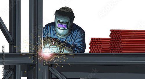 A worker in protective gear welding metal beams, creating sparks and light, construction.