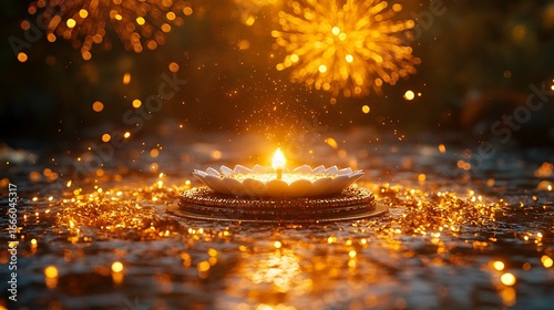 Ornate Diya Candle with Golden Sparkles and Firework Bokeh Lights oil lamp flame