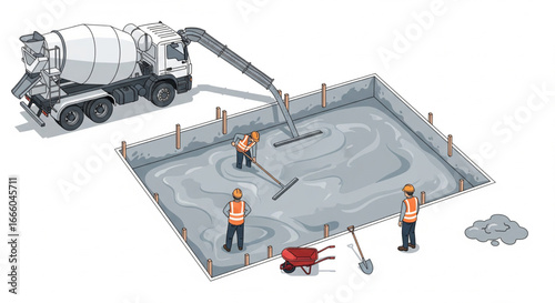 Construction workers pour concrete into a foundation using a concrete mixer truck.
