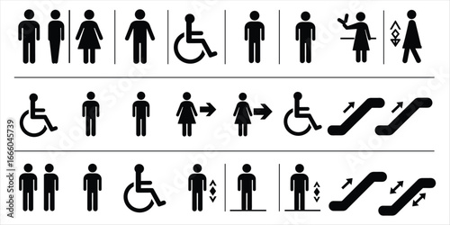 Collection of black and white pictograms for public facilities and accessibility woman person