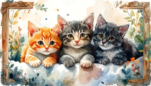 Three adorable kittens, orange and gray, nestled together, bathed in a soft, watercolor-style light, sit within a decorative frame, surrounded by delicate floral elements.