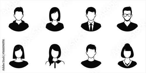 Diverse collection of black and white user profile icons representing different people avatar