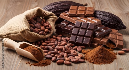 Cocoa beans, chocolate bars, and cocoa powder on a wooden surface.