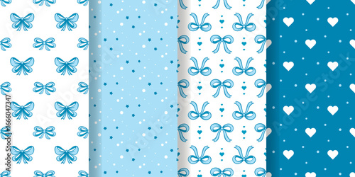 Collection of seamless patterns with delicate blue color with bows. Set of solid backgrounds with bows, dots and hearts. Cute prints for textile, packaging, design, vector graphics