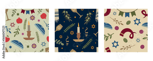 Jewish Holiday Seamless Pattern Set, vector illustration. Vector illustration set featuring Jewish holiday patterns, including symbols like candles, olives, pomegranates, and stars. 