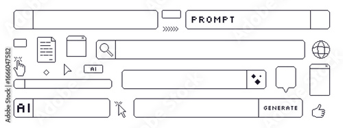 Generate AI technology bar pixel art set. 8bit web browser stroke prompt elements collection. Retro internet shapes. Click cursor and buttons windows. Vector illustration isolated on white background.