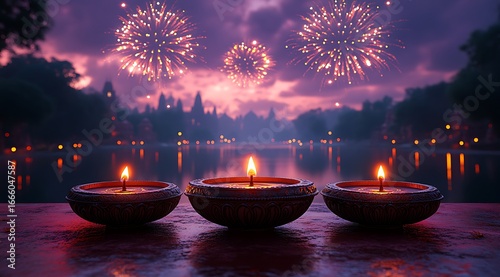 Three diyas in foreground with fireworks and cityscape reflection over water oil lamp