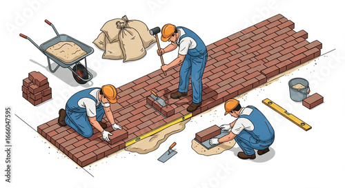Construction workers laying bricks, using tools, and building a brick pathway.