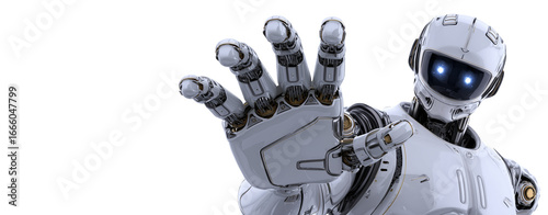 Extreme close-up, portrait of a futuristic humanoid robot with hand raised in stop gesture, isolated on transparent or white background with copy space. Illustration 3d rendering, png. Generative Ai.