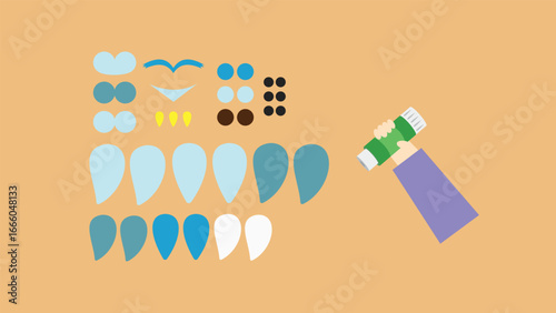 Blanks for applique and a hand with glue. Vector illustration in flat style. Dental care.