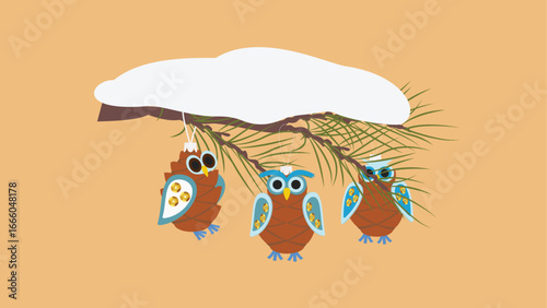 Cute owls on a pine branch. Vector illustration in cartoon style.