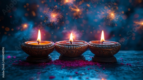 Three Lit Diyas on a Surface with Fireworks and Smoke Effect image photo