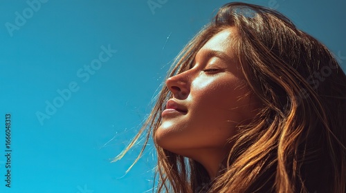 A woman with closed eyes and long hair stood under the blue sky, dressed in an outfit that accentuated the curves of her athletic figure, with strong features and red lipstick.