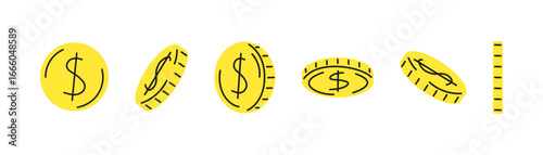 Gold coin dollar symbol. Vector money, coin.